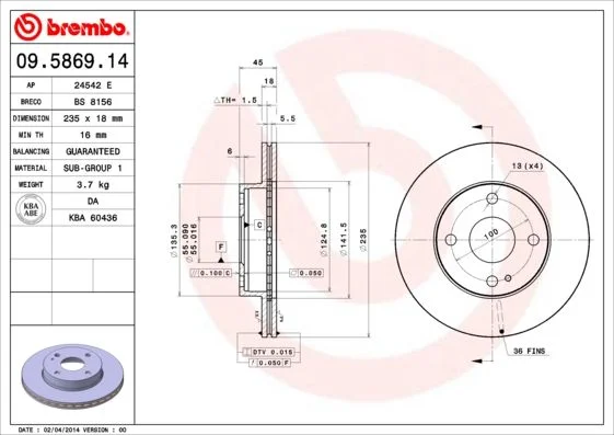Zavorni disk BREMBO 09.5869.14