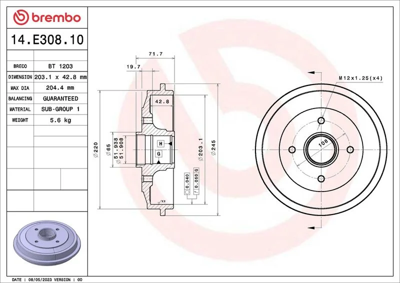 Zavorni boben BREMBO 14.E308.10