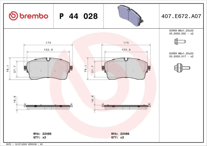 Komplet zavornih oblog, kolutna zavora BREMBO P 44 028