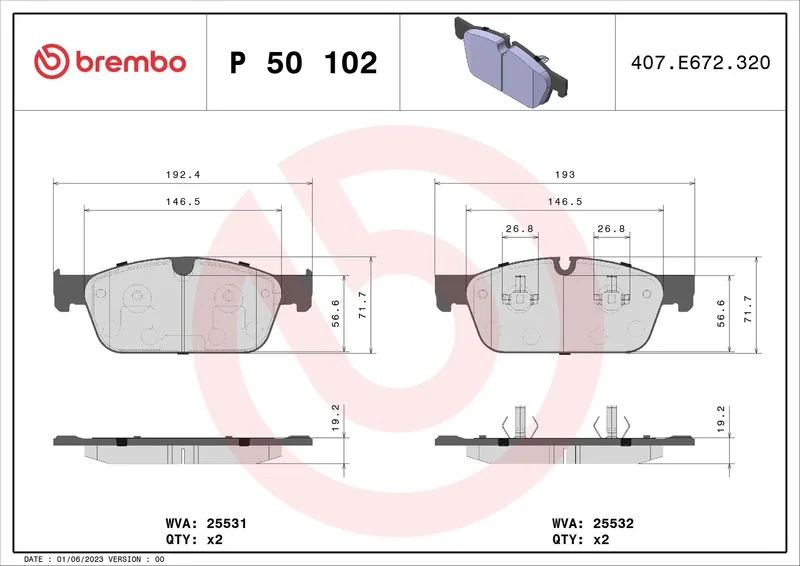 Komplet zavornih oblog, kolutna zavora BREMBO P 50 102