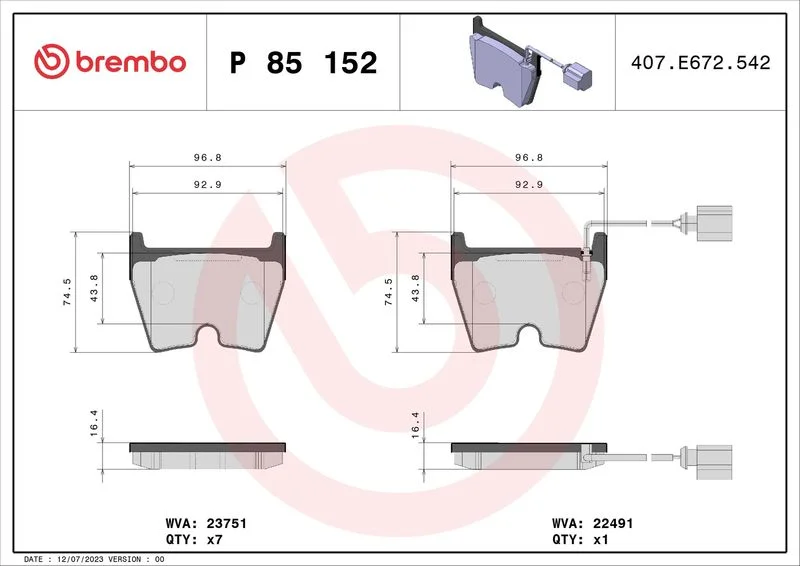 Komplet zavornih oblog, kolutna zavora BREMBO P 85 152