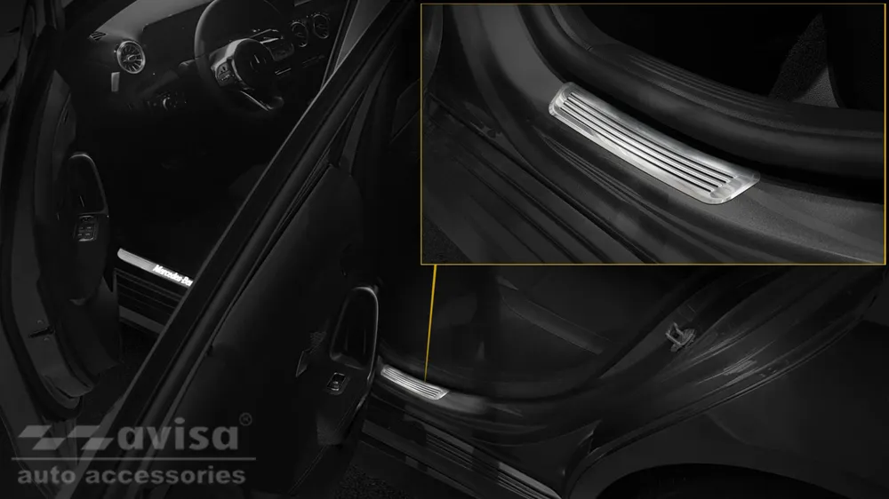 Rear Door Sills (2 Pcs) MERCEDES A Class IV W177 / V177 limousine / hatchbatck 5D 2018-> (silver mirror) AVISA 2/13014